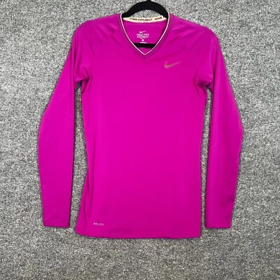 Camisa de combate Nike Pro para mujer pequeña rosa ajustada manga larga cuello en V elástica Foto 1 de 4