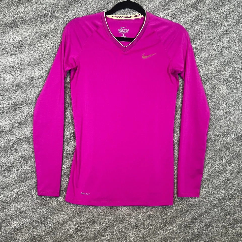Camisa de combate Nike Pro para mujer pequeña rosa ajustada manga larga cuello en V elástica Foto 1 de 4