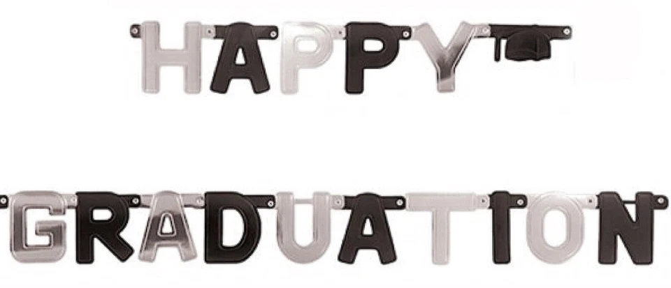 Happy Graduation Large Foil Letter Banner- Black & Silver - Party Decorations - Image 1 of 2