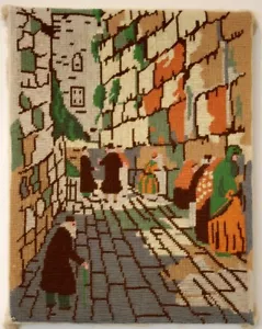 vintage anni 70 giudaica WILING WALL completo punto ago 14" x 18" VERDE ARANCIO - Foto 1 di 7