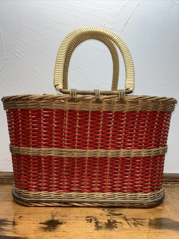 Large Oval Shape Beige And Red Woven Basket Vintage Cover