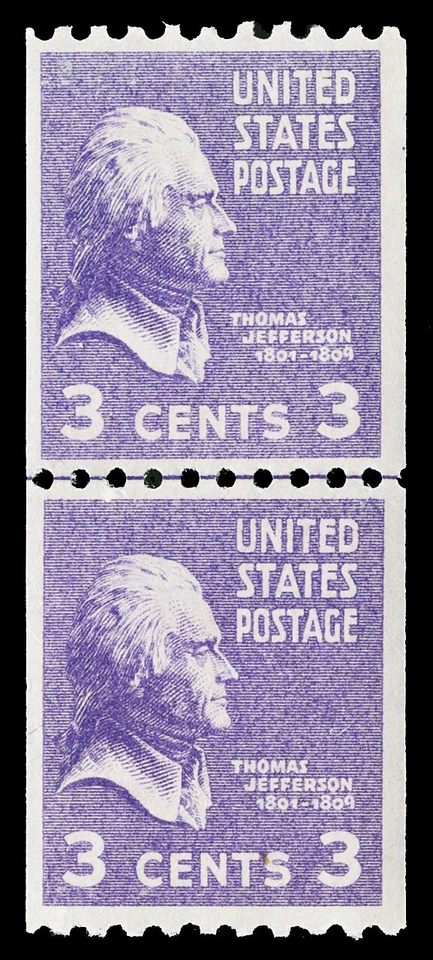 Scott 851 1939 3c Jefferson Presidential Coil Mint Line Pair F-VF NH Cat $8.50 - Image 1 of 1