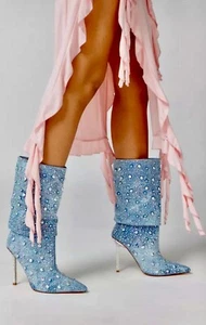 Urban Outfitters Azalea Wang Challengers Rhinestone Denim Boots Stiletto 7 NEW - Picture 1 of 13