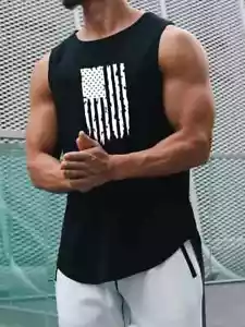 Tank Top Men Vest Distressed USA American Flag Patriot Black Sleeveless T Shirts - Picture 1 of 2