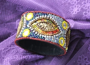 Vintage Beaded Cuff Bracelet Colorful Statement Jewelry Boho Conversation Piece - Picture 1 of 6