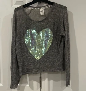 Victoria’s Secret Langarmshirt PINK Pailletten Herz hellgrau Medium - Bild 1 von 6