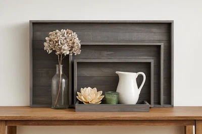 Antiguo Juego de 3 Bandejas Manchadas Grises | Bandejas para Servir Vintage para Decoración del Hogar y Kit Foto 1 de 4