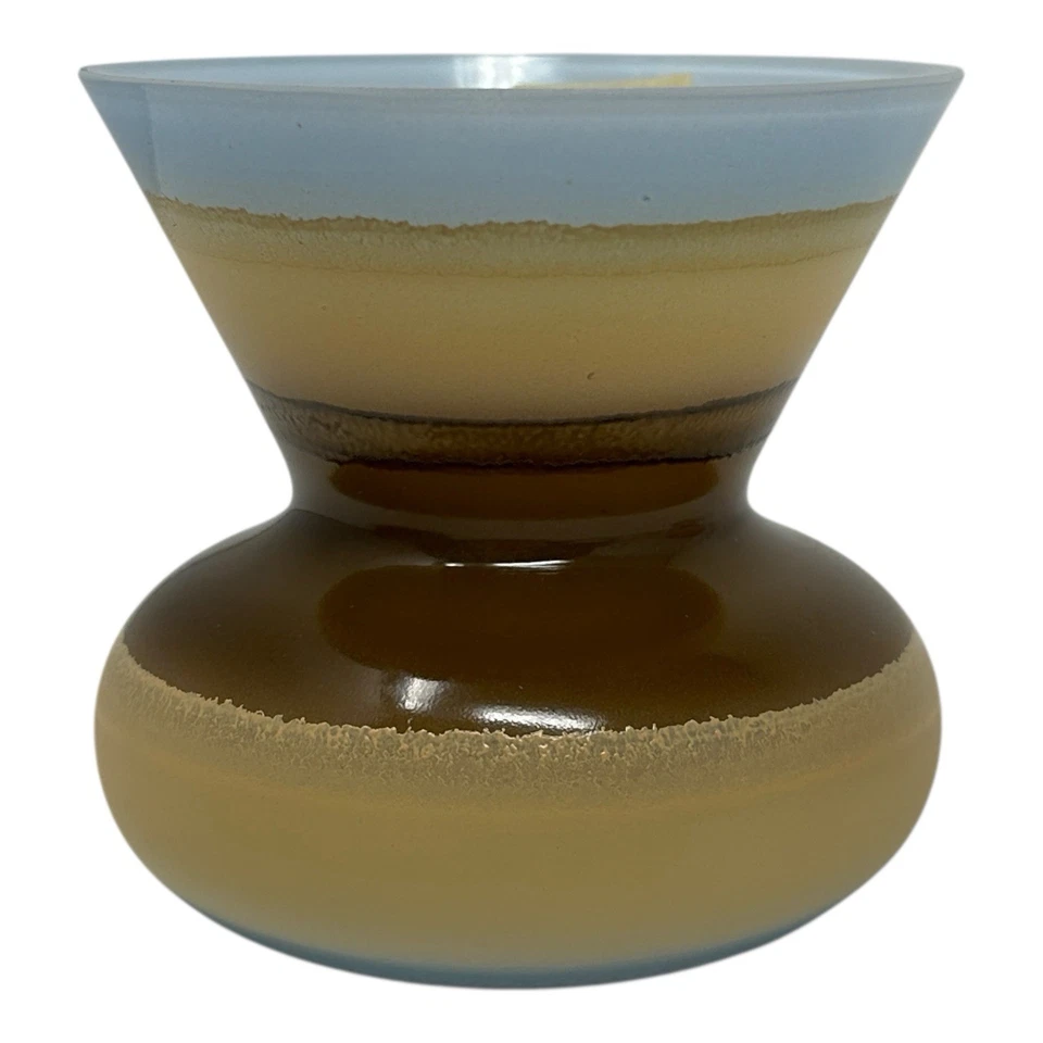 Womar Glass Candle Holder Bud Vase Blue Cream Brown Striped Handmade Poland 4" - Image 1 of 4