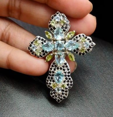 Pietra Preziosa Topazio Blu Peridoto Naturale Spinello Argento Sterling... - Immagine 1 di 4