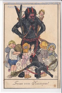 CARTOLINA D'ARTISTA KRAMPUS, LINGUA, BAMBINI, MARIANNE HITSCHMANN STEINBERGER ca1910 - Foto 1 di 2