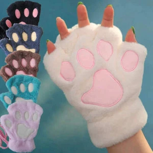 Cartoon Cute Cat Claw Paw Gloves Women Plush Mittens Warm Soft Plush Short Finge - Picture 1 of 35