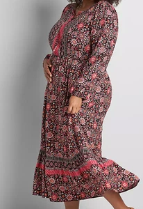Lane Bryant Women's Black Red Floral Peasant Midi Dress Lace Up Boho Size 28 - Picture 1 of 11