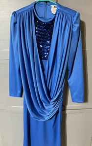 Vintage Women's Sears The Fashion Place Blue Draped Party Dress Sequins Size 10 - Picture 1 of 5