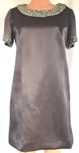TONY WARD Haute Couture Charcoal Pearl Applique Short Sleevess Silk Dress Sz 14 - Picture 1 of 12