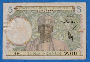 French West Africa 5 Franc 1941 P-21 Circulated Banknote 203624490 - Picture 1 of 2