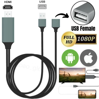 USB HDMI Mirroring Cable Phone To Digital TV HDTV AV Adapter For iPhone Android - Image 1 of 4
