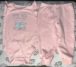 CARTER'S GIRL Pink ROMPER Says, Peas out, I'm hanging with my uncle, & Pants 24M - Picture 1 of 12