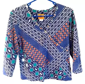 Top tejido Ruby Road bastante adornado PM cuello en V azul-naranja-blanco abst; 3/4 slv - Imagen 1 de 5