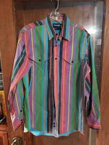 VTG Wrangler Shirt Mens LT Teal Turquoise Black Purple Striped Denim Button Up - Picture 1 of 14
