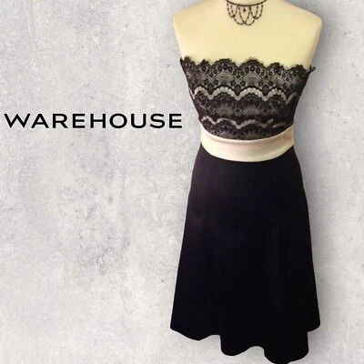 WAREHOUSE Damenkleid creme schwarz Spitze Satin Fit & Flare Anlass Party UK 8 - Bild 1 von 4