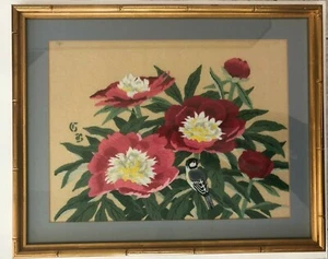 Vintage 20x25 TTokyo Bunka Punch Embroidery Calibri Hummingbird Bouquet Framed - Picture 1 of 11
