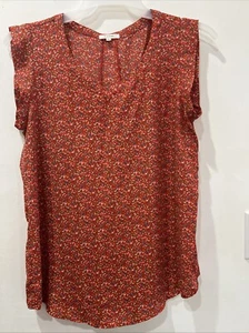 Pleione Top Blouse Shirt Women Size M Red Floral Short Sleeve - Picture 1 of 24