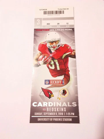 2018 Arizona Cardinals Washington Redskins NFL Football Full Ticket Stub Cover