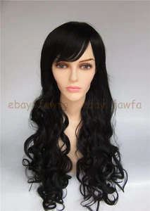 Fashion Black Long Curly Wave Wig Synthetic Hair Bangs Women Cosplay Full Wig - Picture 1 of 8