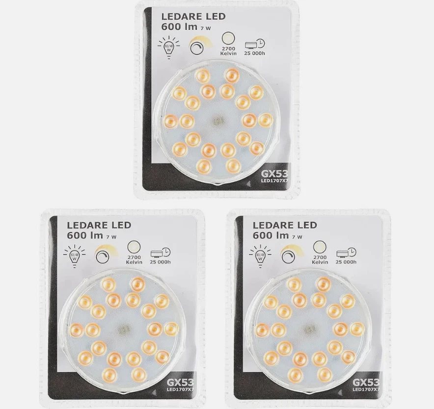 3x IKEA Ledare GX53 LED Bulbs | 600lm | 2700 Kelvin | Warm White | Dimmable | 7W - Image 1 of 1