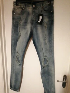 Boohoo Man Skinny Stretch Exploded Knee Ripped Jeans Light Blue W34 - Picture 1 of 6