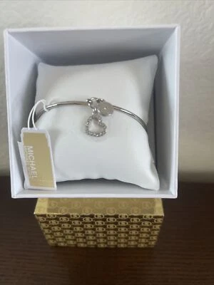 MICHAEL KORS Charms Logo Heart Silver Hook Eye Crystal Bangle Bracelet $99 - Image 1 of 4