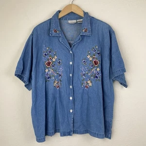 Vtg Fashion Bug 26/28 Denim Floral Embroidered Shirt Cottagecore Western Hippie - Picture 1 of 5