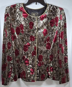 R&K Evening Womens Floral Gold Trim Patterned Velvet Dressy Holiday Jacket Sz 16 - Picture 1 of 11