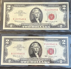 1963 RED SEAL $2 US Note UNCIRULATED consecutive #A12235460A & 61A - Picture 1 of 2