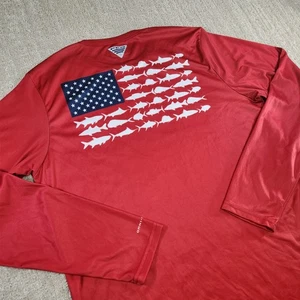 Columbia PFG Shirt Men Medium Terminal Tackle Fish Flag Sun UPF Quick Dry USA - Picture 1 of 10