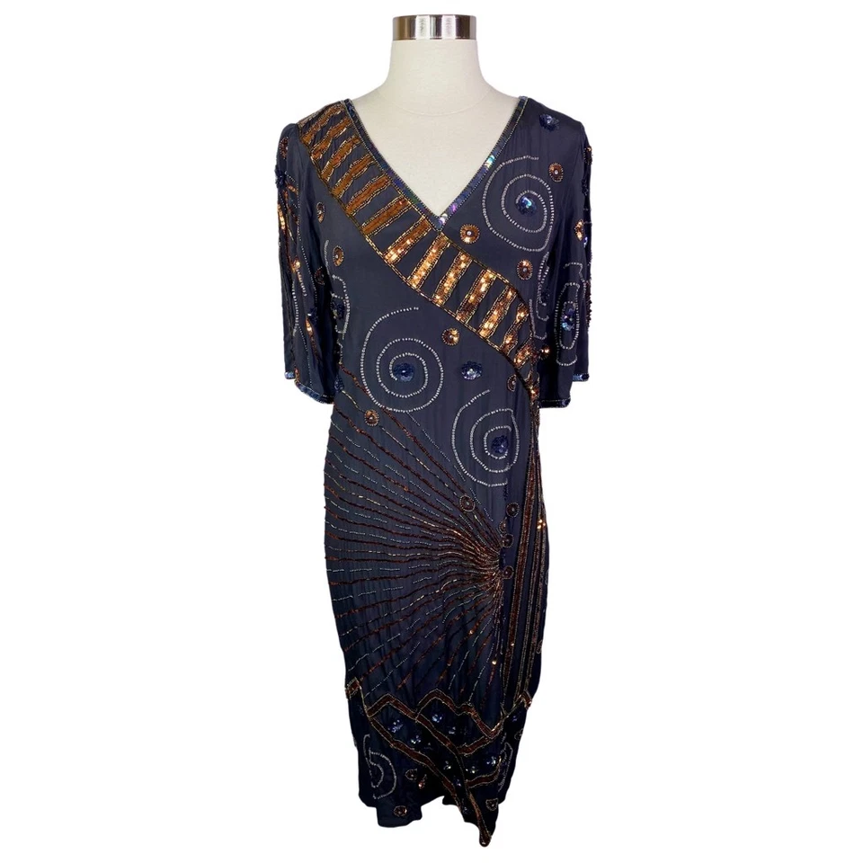 Vestido de Cóctel Vintage Años 80 Argenti Negro 100% Seda Lentejuelas Talla 6 Gran Gatsby Foto 1 de 4