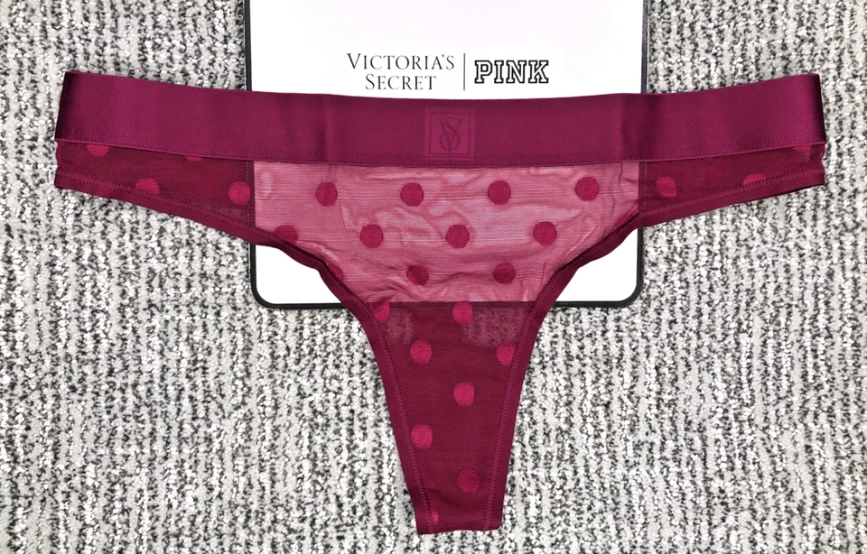 Panty Tanga Victoria's Secret Nuevo con Etiquetas XL Magenta Lunares Transparente Heritage Logo Foto 1 de 4
