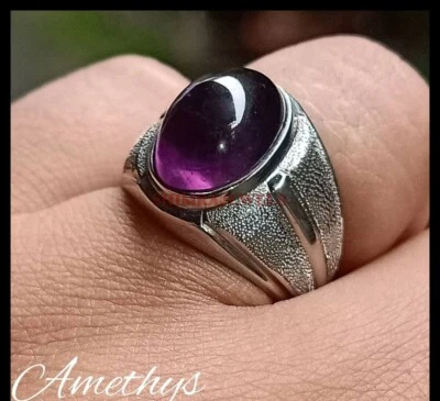 Piedras preciosas de amatista natural con anillo de plata de ley 925 para hombre #755 Foto 1 de 4