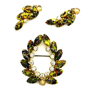 Juliana D & E Yellow Spotted Navettes Rhinestone Brooch Clip On Earrings Set - Picture 1 of 12