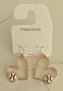 NWT Rhinestone Heart BASEBALL Gold Dangle Pierced Earrings w Baseballs MAURICES - Picture 1 of 7