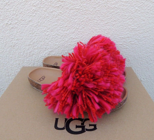 SANDALI SLIDE UGG NASTRO ROSSO CINDI FILATO FRANGE SUOLA SUGHERO US 5 5 EUR 36 5 ~NUOVI CON SCATOLA