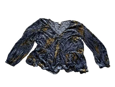 Blusa Top Sundance Burnout Terciopelo Peplum Para Mujer Talla Grande Azul Bohemio Boho Foto 1 de 4