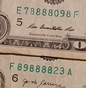 Pair Of $1 Dollar Bills 5x8 In Each 4 In A Row Fancy Serial Number Five Eights - Picture 1 of 10