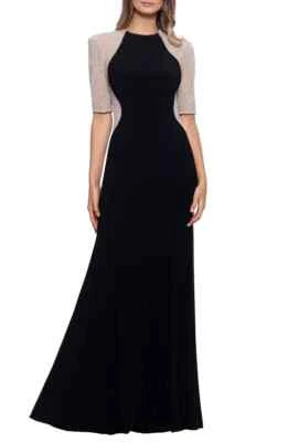 Xscape Black Nude Silver Crystal Beaded Gown Size 10 $299 - Image 1 of 3