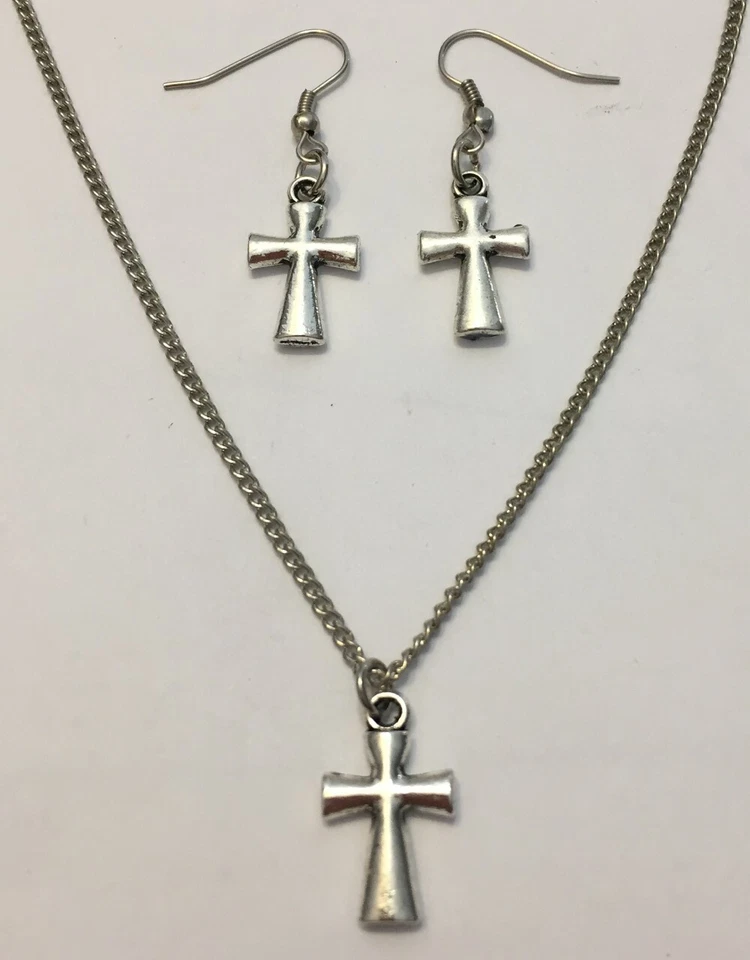 COLLANA + ORECCHINI CON CIONDOLO "croce" PACE punk ARGENTO IDEA REGALO MODA - Immagine 1 di 1