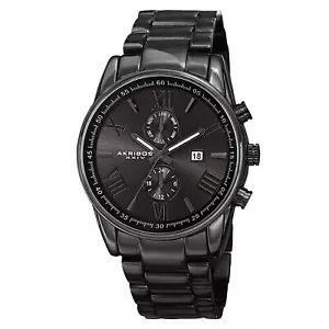 New Men's Akribos XXIV AK812BK Swiss Dual Time All Black Stainless Steel Watch - Picture 1 of 7