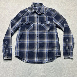 American Eagle Pearl Snap Shirt Mens Medium Navy Blue Plaid Western Cowboy Slim - Picture 1 of 10