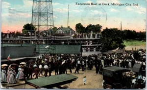 1910s Indiana Postcard Excursion Boat at Dock Michigan City IN Old Cars People - Picture 1 of 2