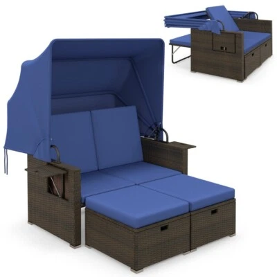 Juego de tumbona sofá cama de ratán para patio exterior con dosel retráctil sofá cama sofá cama sofá cama Foto 1 de 4