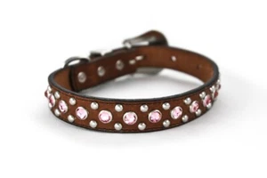 NEW! Brown Leather Dog Collar with Pink Swarovski Crystals Small - Picture 1 of 2